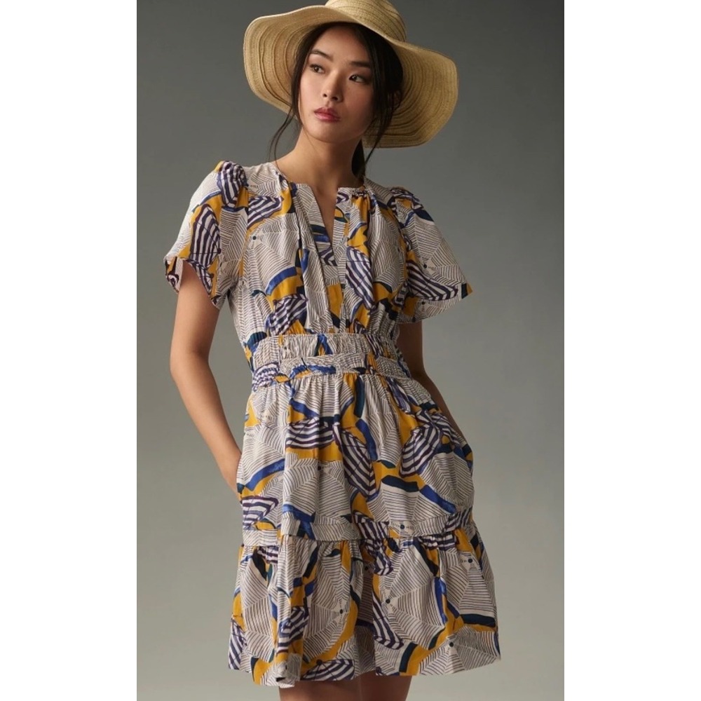 Anthropologie Mini Dress XXSP White Blue Yellow Geometric‎ Print Short Sleeve
